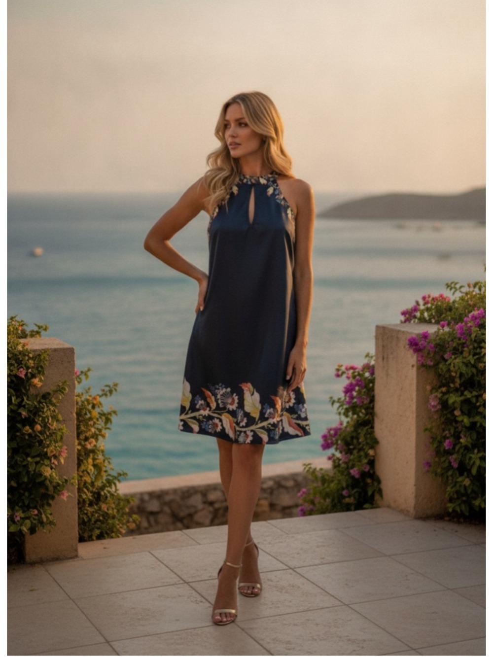 Floral Halter Neck Mini Dress Navy Blue Boho Summer Sundress Keyhole Size M